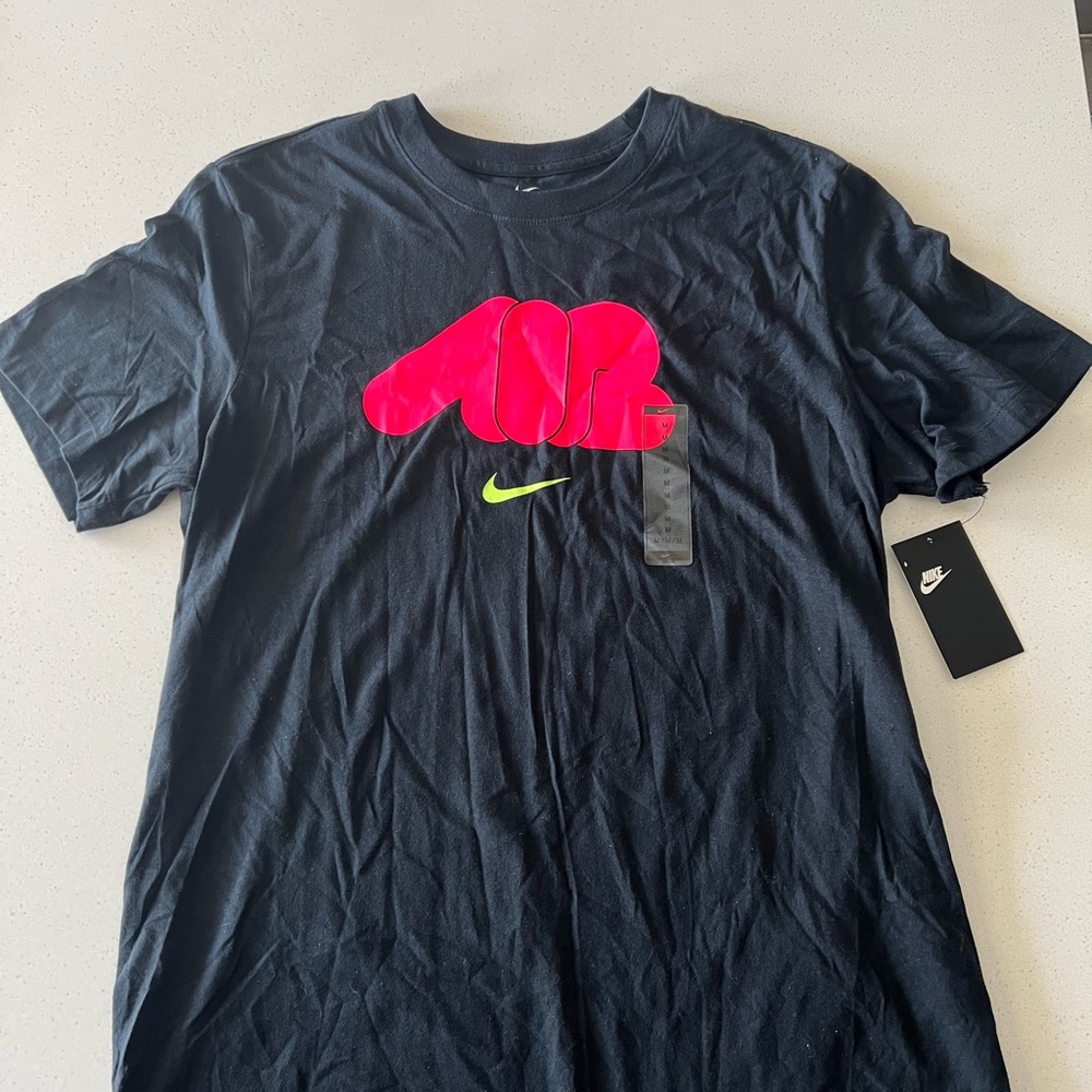 Nike Men's Black Tee with Pink and Green Details